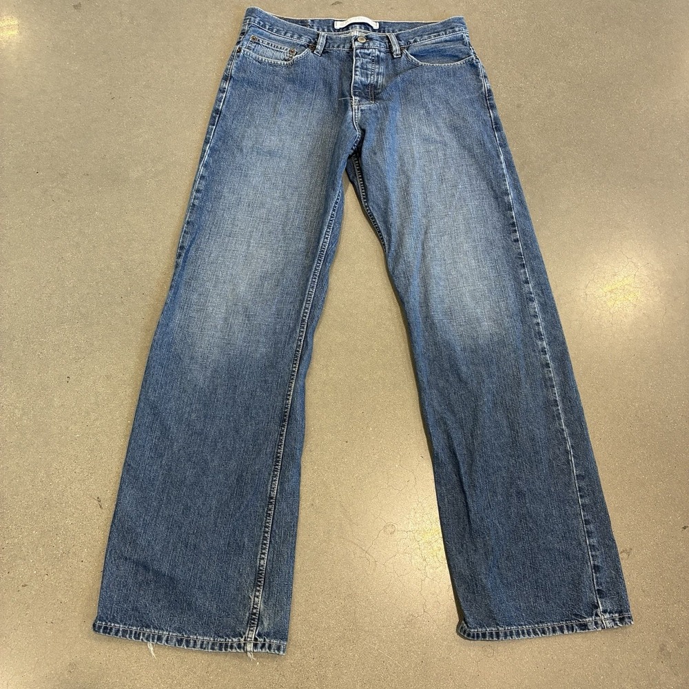 Express Y2K Low Rise Bootcut Jeans Mens 34x34 Blue Denim Button Fly Faded Baggy